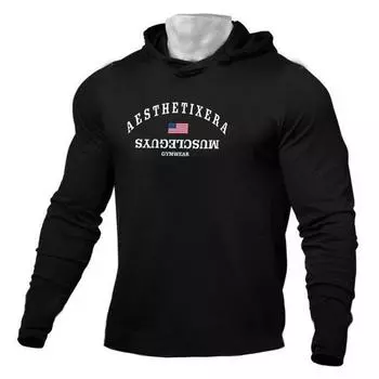 Muscleguys, весенне-осенняя мужская одежда с принтом, молодежные повседневные топы, новые поступления, футболки с капюшоном для фитнеса, тонкое пальто M чёрный