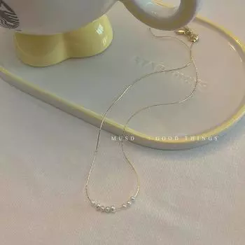 MUSD Women s Commuter French Style Small Pearl Sterling Silver Clavicle Chain Gold-millet beads necklace