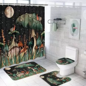 Mushroom Butterfly Flower Shower Curtain Set Non-Slip Rugs Toilet Lid Cover Bath Mat Moon Stars Waterproof Retro Bathroom Set 90x180cm