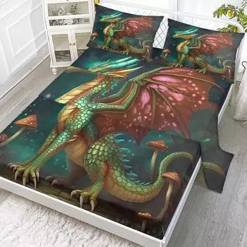 Mushroom Dinosaur 4-Piece Bed Sheet Set, Including 1 Flat Bed Sheet, 1 Super King Bed Sheet, 2 Pillowcases (Nature, Room, Fun) 99cmx199cm