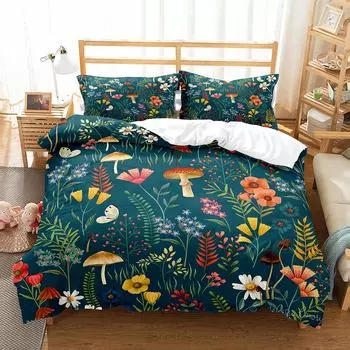 Mushroom Duvet Cover Set Microfiber Wild Plants Flowers Bedding Set Nature Botanical Animal Comforter Cover Single Queen Size EU single(135x200cm)