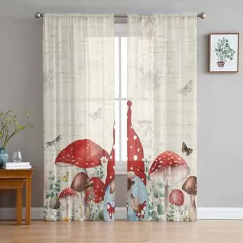 Mushroom Dwarf Flower Plant Sheer Curtains for Living Room Decoration Window Curtains for Kitchen Tulle Voile Organza Curtains W135 x H115cm x1