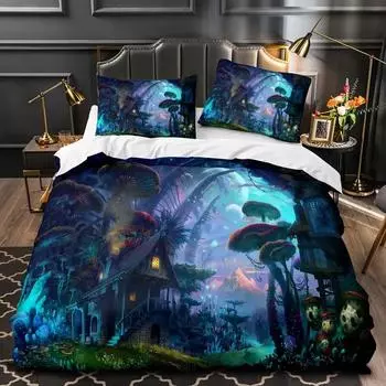 Mushroom Fairy Forest Magic Lilliputian Fungus Plant Bedding Set Boys Girls Twin Queen Size Duvet Cover Pillowcase Bed Boy Adult EU single(135x200cm)