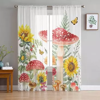Mushroom Fern Butterfly Sunflower Sheer Curtains for Living Room Decoration Window Curtains Kitchen Tulle Voile Organza Curtains W135 x H115cm x1