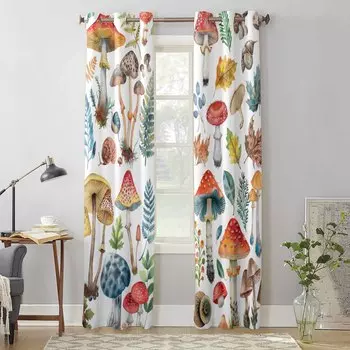 Mushroom Plant Retro Window Curtains for Living Room Luxury Bedroom Curtain Kitchen Blinds Drapes Curtains 135W x 60H(cm) x1