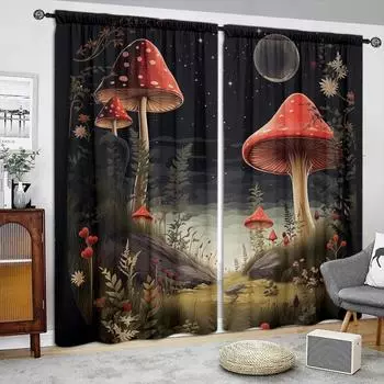 Mushroom Printed Curtain for Home Decor - Rod Pocket Window Treatment for Bedroom, Kitchen, Living Room 52.5cmX116cm X 2pcs