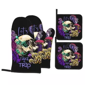 Mushroom Skull Oven Mitts and Pot Holders Sets of 4 Resistant Hot Pads Non-Slip Cotton Lining Gloves for Baking Cooking