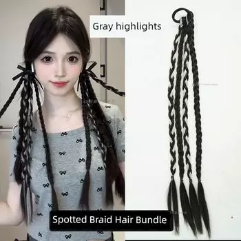 Music Festival False Braids Sweet Cool Sexy Style Women s Team Boxing Braided Hair Highlights Cable Stitch Ponytail Four-Strand Artificial Small Braid Gray highlights four braids 1 pair (2)