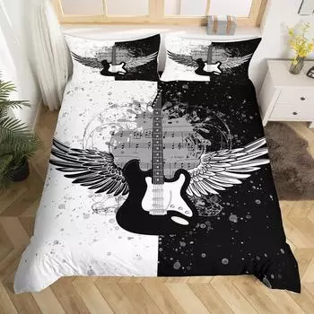 Music Guitar Duvet Cover King Queen Black White and Grey Graffiti Bedding Set Musical Notes Comforter Cover Musical Quilt Cover 70x133cm 2pcs