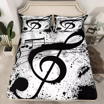 Music Notes Fitted Sheet & Pillow Sham Set Rock Music Themed Bedding Set Musical Pattern Bed Sheet Set Grunge Design Bed Cover 90x190x30cm
