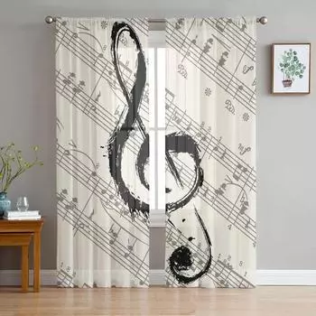 Music Notes Sheet Vintage Sheer Curtains for Bedroom Living Room Decoration Window Curtain Kitchen Tulle Voile Organza Drapes W135 x H115cm x1&Rod Pocket
