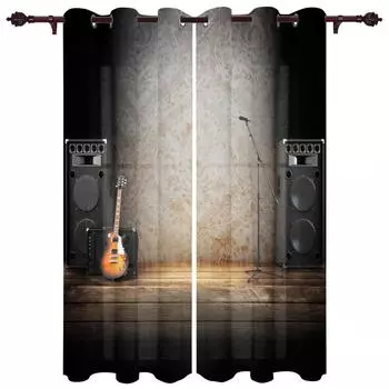 Music Stage Speaker Guitar Windows Curtains for Living Room Bedroom Window Treatments Household Kitchen Curtains W50xH130(CM)x2pcs&HOOK