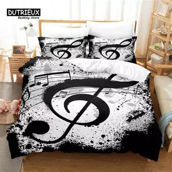 Music Symbol Black Bedding Set, 3Pcs Duvet Cover Set, Soft Comfortable Breathable Duvet Cover, For Bedroom Guest Room Decor EU single(135x200cm)
