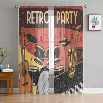 Музыкальные инструменты Ретро Музыка Вечеринка Дизайн Шифоновые Прозрачные Шторы для Гостиной Спальни Оконные Шторы Вуали Тюль Cortinas 135W x 114H(cm)
