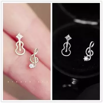 Musician ~ Asymmetric Musical Note Violin Cut Out Sterling Silver Stud Earrings Zircon Inlaid Diamond Earrings Small Daily Earrings for Women Silver pair + golden pair