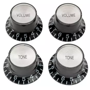Musiclily Pro Inch Size USA 2 Volume 2 Tone Reflector Knob для Les Paul SG Top of Left Handed Guitar, Black/Silver (Набор 4)