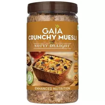 Мюсли GAIA Nutty Delight Crunchy Muesli, банка 1 кг — идеальная смесь мультизерновых, орехов, овса и кукурузных хлопьев. Самое полезное и вкусное