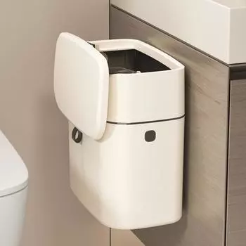 Мусорное ведро настенное кухонное пресс-типа из пластика для хранения мусора с крышкой Мусорное ведро для бытовых нужд большой емкости white
