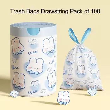 Мусорные мешки на шнурке, упаковка из 100 маленьких мусорных мешков с рисунком кролика из мультфильма, утолщенные мешки на шнурке, мусорные мешки для ванной комнаты one size белый