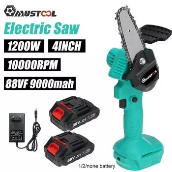 MUSTOOL 5000 Вт 4-дюймовая электрическая мини-бензопила с аккумулятором 2/1/0 шт., портативная аккумуляторная беспроводная цепная пила, электрический ручной электроинструмент