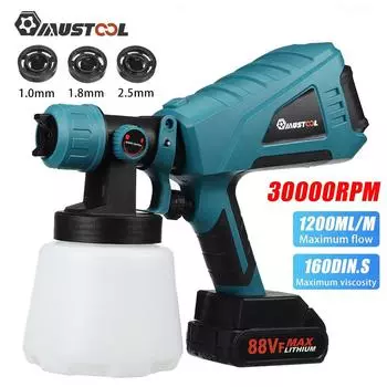 MUSTOOL 88VF 1000 мл Аккумуляторный электрический пистолет-распылитель с 3 насадками для контроля потока Аэрограф Мощный распылитель краски для батареи 18 В