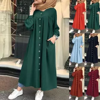 Мусульманская одежда Сплошной цвет с пряжкой спереди, повседневная женская рубашка с длинными рукавами и свободными карманами, длинное платье Musulman Dubai, мусульманский кафтан, платья большого размера 5XL