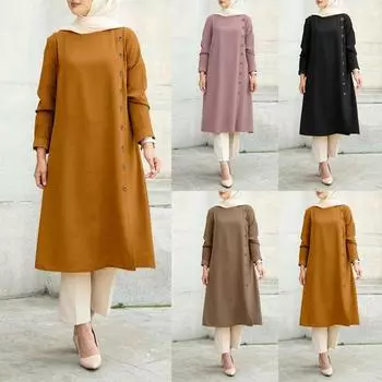 Мусульманская одежда Женские платья Сплошной цвет Платье-рубашка с длинными рукавами Повседневный карманный халат Musulman Дубай Мусульманский кафтан Мусульманские платья Oversize S-5XL S хаки