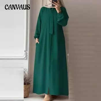 Мусульманская женская рубашка больших размеров с лацканами и галстуком-бабочкой, однотонная рубашка с длинным рукавом, сарафан с карманом, свободное длинное платье S зелёный