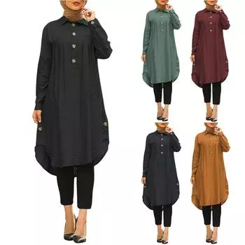 Мусульманская женская рубашка-пуловер с круглым вырезом, юбка-трапеция, повседневные винтажные платья с пуговицами L чёрный