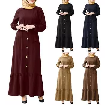 Мусульманская женская рубашка-пуловер с круглым воротником, поясом и пуговицами, повседневные винтажные платья L чёрный