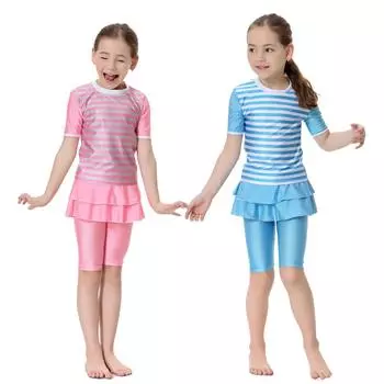Мусульманские купальники для девочек, разделенный купальный костюм из двух частей, детский купальник в полоску с короткими рукавами S небесно-голубой