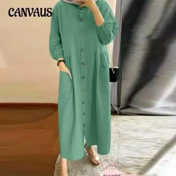 Мусульманские женщины больших размеров винтажный повседневный кардиган карманное платье круглый вырез рукав пузырь свободные сарафаны S зелёный