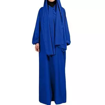 Мусульманские женские однотонные халаты повседневные платья с длинным рукавом и завязкой на талии S синий