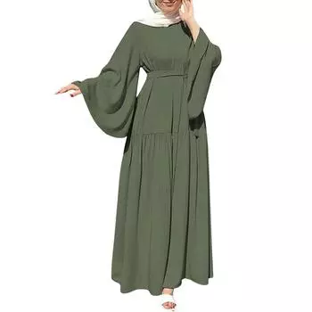 Мусульманские женские платья для отпуска с расклешенными рукавами и поясом на подоле, длинные L зелёный