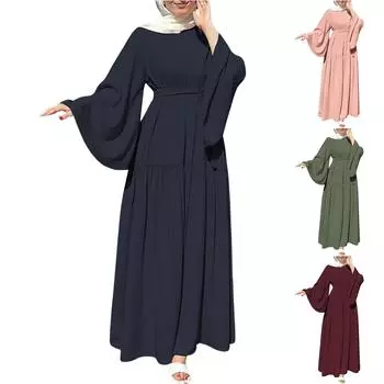 Мусульманские женские платья для отпуска с расклешенными рукавами и поясом на подоле, длинные L зелёный