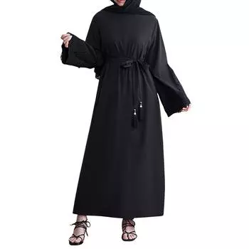 Мусульманские женские платья с вышивкой, пайетками, манжетами, повседневные, с длинным рукавом, кисточками, завязками на талии L чёрный
