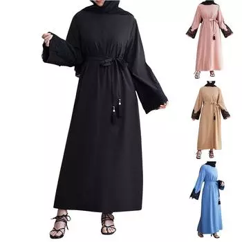 Мусульманские женские платья с вышивкой, пайетками, манжетами, повседневные, с длинным рукавом, кисточками, завязками на талии L чёрный