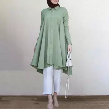 Мусульманские женские топы, повседневная плиссированная блузка с длинными рукавами и лацканами, большие размеры S-5XL S хаки