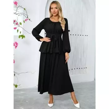 Мусульманский элегантный круглый вырез Фонарь длинный рукав Топ длинная юбка S красный