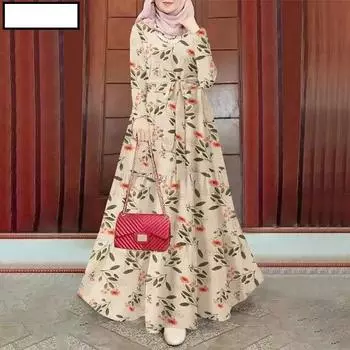 Мусульманский хиджаб, длинное платье с длинным рукавом, платья с принтом, женские абайи, Дубай, Абая, Рамадан, Турция, скромный арабский кафтан, халат XXL бежевый