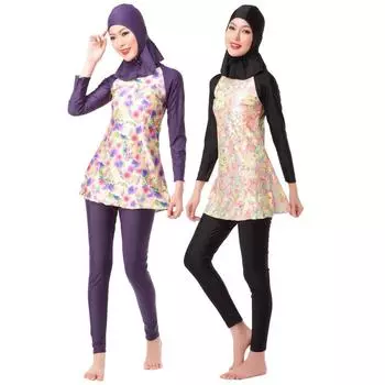Мусульманский купальный костюм из 2 предметов XS-XXXL, женский мусульманский купальный костюм с шапочкой, купальник с принтом, купальник высокой эластичности, пляжная одежда, женские купальники L фиолетовый