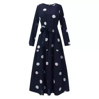 Мусульманское элегантное длинное платье в горошек с поясом L чёрный