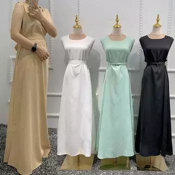 Мусульманское длинное платье женское Абая Дубай Арабская мода с круглым вырезом без рукавов Рамадан Турция Абаяс Исламская одежда XL