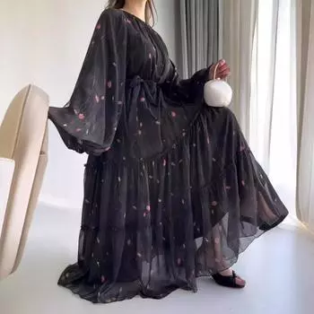 Мусульманское платье Абая для Ид, женское шифоновое платье с принтом и поясом, Джалабия, кафтан, ислам, Vestidos, Ларго, арабский длинный халат, Рамадан, Марокко, Абая XXXL