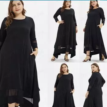 Мусульманское платье больших размеров для женщин: Круглый вырез, рукав 3/4, сетчатая вставка, с разрезом 2XL чёрный