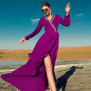 Мусульманское платье на Ближнем Востоке, розовое, фиолетовое, с рюшами и диагональными стразами, женское платье в Дубае S фиолетовый