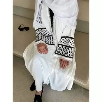 Мусульманское платье, скромная исламская одежда, новая мягкая креповая вышивка, Палестина, Кефия, Абая, Рамадан, с кисточками, Дубай, женская Абая S белый