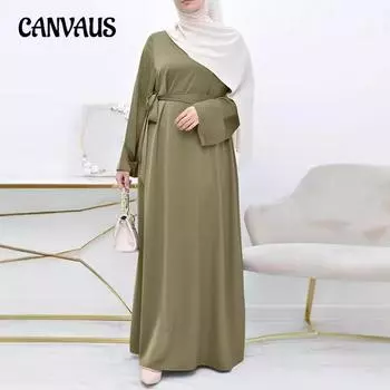 Мусульманское женское атласное платье больших размеров на Ближнем Востоке, простое однотонное свободное платье с круглым вырезом и длинными рукавами S хаки