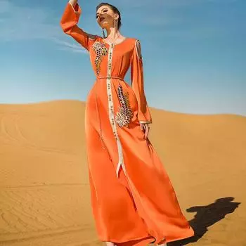 Мусульманское женское оранжевое длинное платье ручной работы со стразами и поясом, халат Рамадан S оранжевый