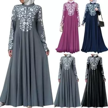 Мусульманское женское платье Абая с длинным рукавом и воротником-стойкой с цветочным принтом Кафтан Макси платья XL серый